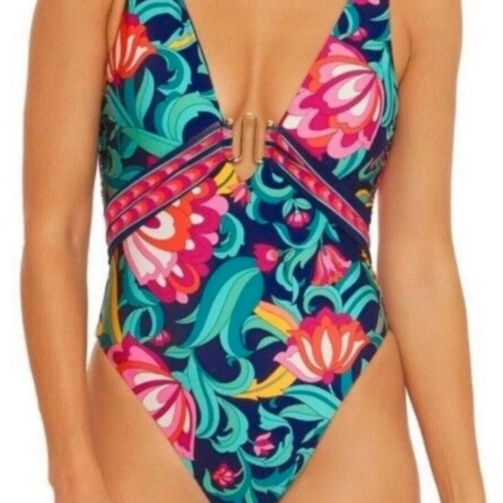 Trina Turk Floral V-Neck One-Piece Swimsuit in Navy, Pink & Teal